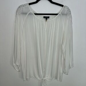 Spence Large White Blouse Crochet Lace Peasant Front Tie 3/4‎ Sleeve Boho Light